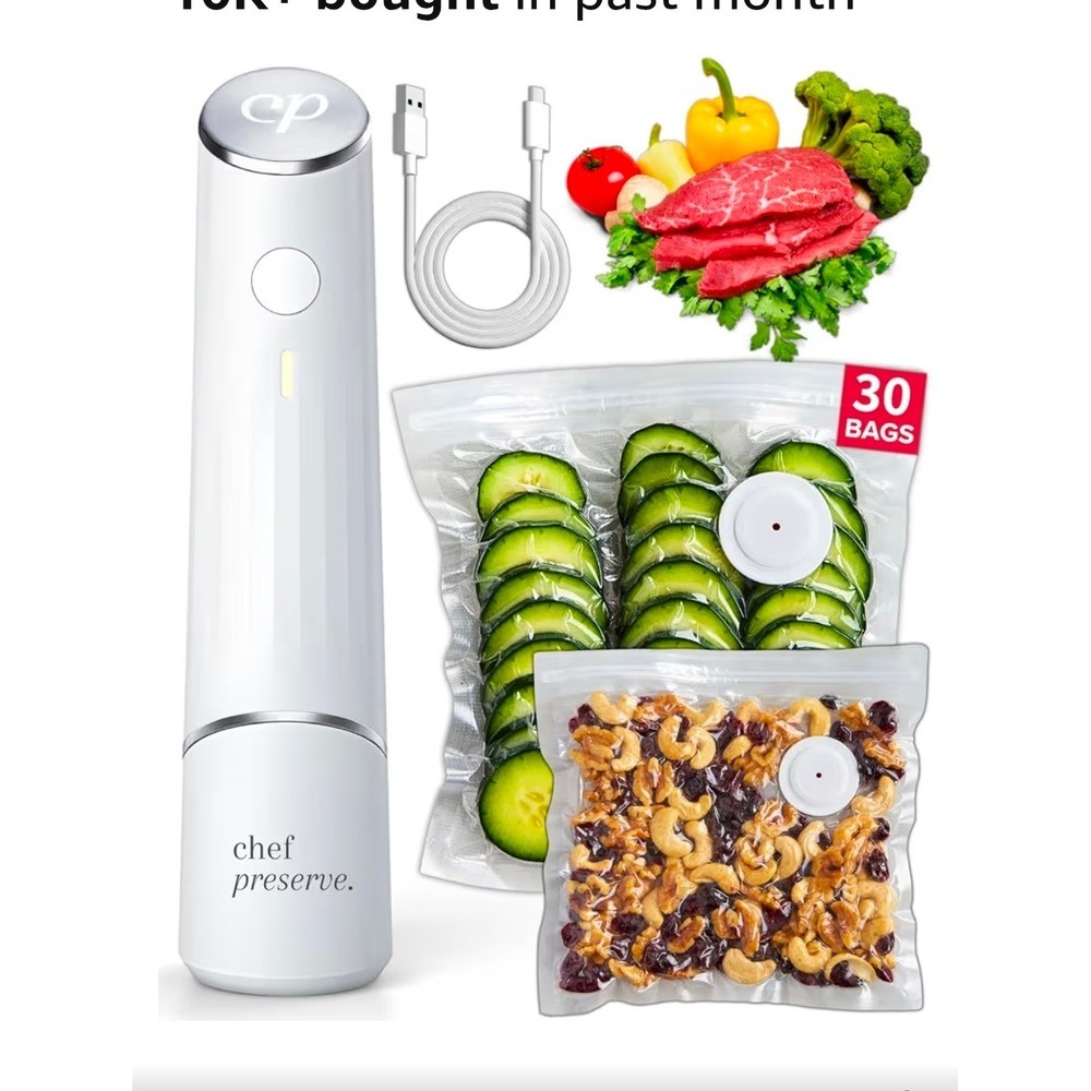 Chef Preserve Handheld Vacuum Sealer White Wireless Portable Kit with 30 Bags